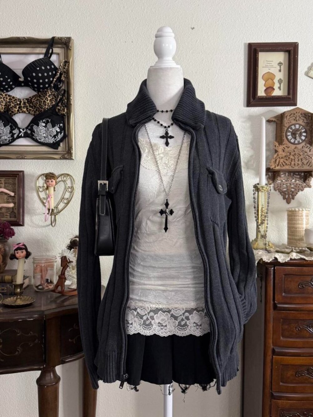 2010s alt grunge grey knit ribbed cargo style zip up cardigan